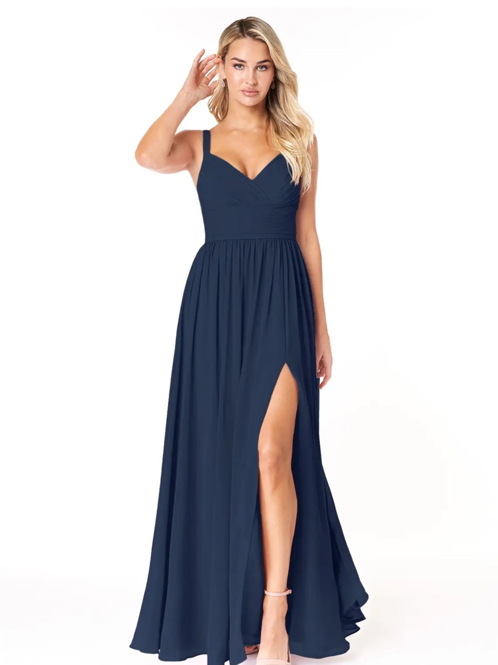 Azazie Chanel Dark Navy Dress - V-Neck Spaghetti Strap Maxi Gown with Side Slit